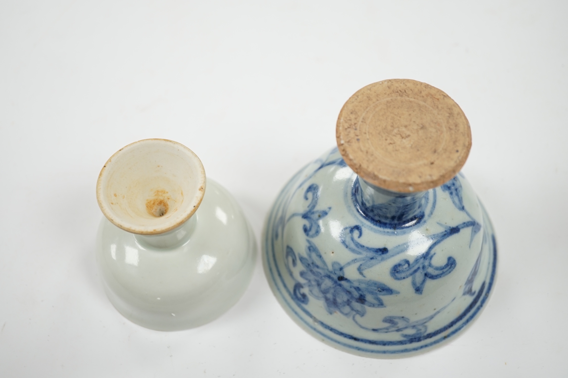 Two Chinese stem cups including a blue and white example, 10.5cm. Condition - fair to good